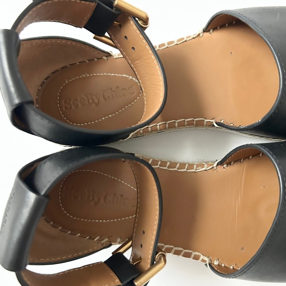 See By Chloe Glyn Black Leather Ankle Strap Espadrille Sandals EU 37 US 7 - Picture 5 of 8